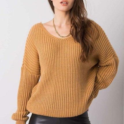 Stylish Grey Acrylic Knit Sweater with Distinctive Back Neckline - Très Elite