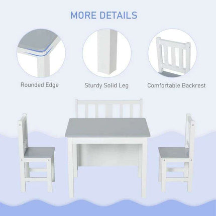 Stylish Grey and White Children's Table Set with Storage Bench and Two Chairs - Ideal for Imaginative Play and Learning Activities - Très Elite