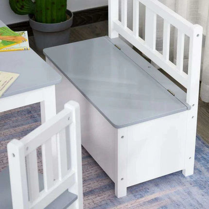 Stylish Grey and White Children's Table Set with Storage Bench and Two Chairs - Ideal for Imaginative Play and Learning Activities - Très Elite