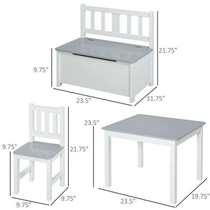 Stylish Grey and White Children's Table Set with Storage Bench and Two Chairs - Ideal for Imaginative Play and Learning Activities - Très Elite