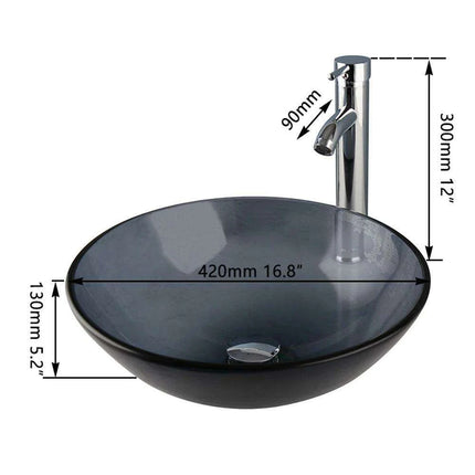 Stylish Hand-Painted Grey Tempered Glass Bathroom Sink Ensemble with Faucet and Chrome Drain Kit..