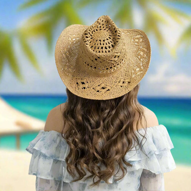 Stylish Handwoven Cowboy Straw Hat for Summer Outdoor Activities - Breathable Wide Brim Sun Protection Cap for Men and Women
