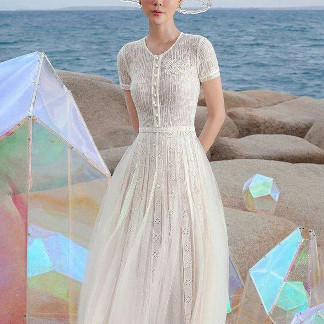 Stylish Hollow Embroidered Pleated Evening Gown for Women