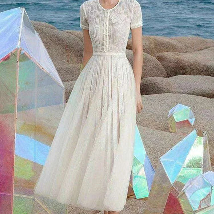 Stylish Hollow Embroidered Pleated Evening Gown for Women - Très Elite