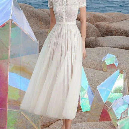 Stylish Hollow Embroidered Pleated Evening Gown for Women - Très Elite