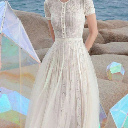 Stylish Hollow Embroidered Pleated Evening Gown for Women - Très Elite