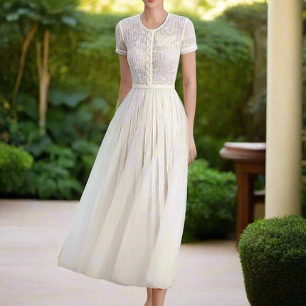 Stylish Hollow Embroidered Pleated Evening Gown for Women - Très Elite