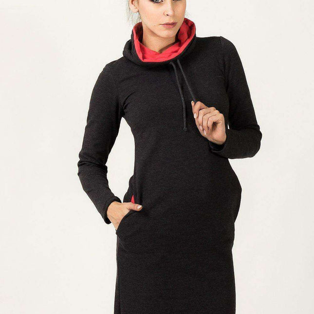 Stylish Knit Casual Daydress with Handy Side Slit Pockets - Chic Chimney Neckline and Adjustable Fit