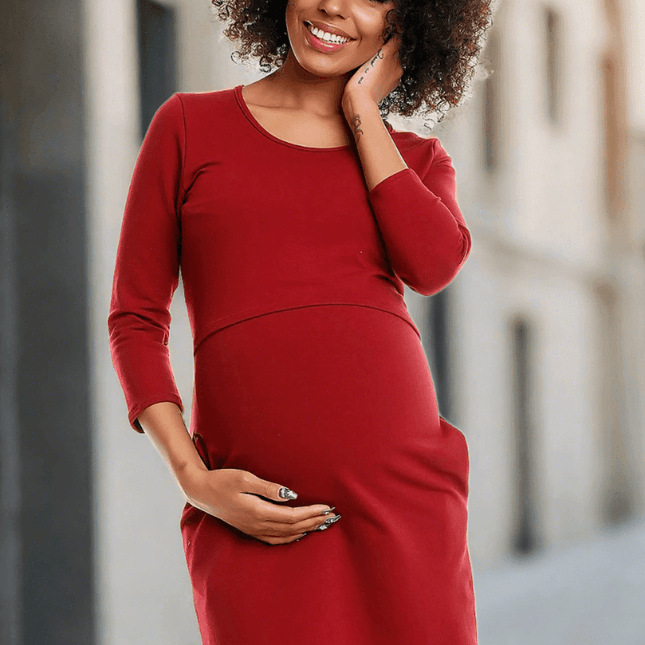 Stylish Knit Maternity Dress with Hidden Nursing Access and Practical Pockets