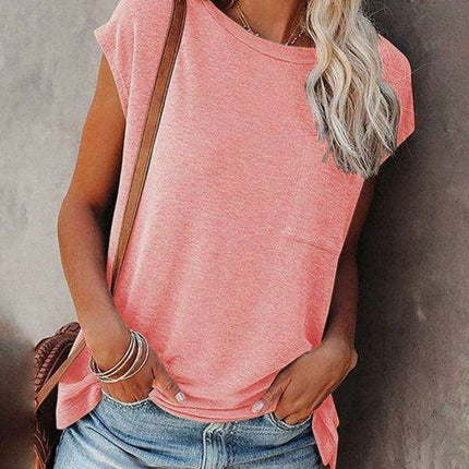 Stylish Off-Shoulder Pocket Tee: Trendy Solid Color Round Neck Shirt