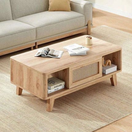 Stylish Rattan-Infused Wooden Coffee Table - Essential for Modern Living Spaces - Très Elite