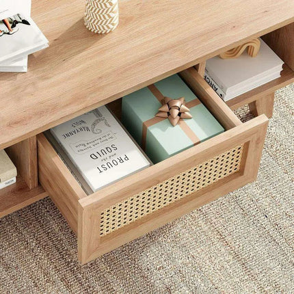 Stylish Rattan-Infused Wooden Coffee Table - Essential for Modern Living Spaces - Très Elite