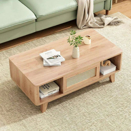Stylish Rattan-Infused Wooden Coffee Table - Essential for Modern Living Spaces - Très Elite