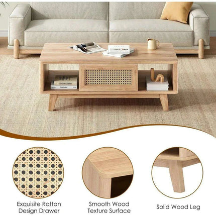 Stylish Rattan-Infused Wooden Coffee Table - Essential for Modern Living Spaces - Très Elite