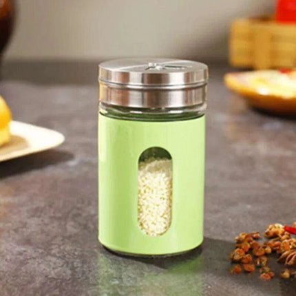 Stylish Rotating Glass Spice Dispenser Set with Stainless Steel Lids - Trio of Seasoning Jars- Très Elite- Très Elite