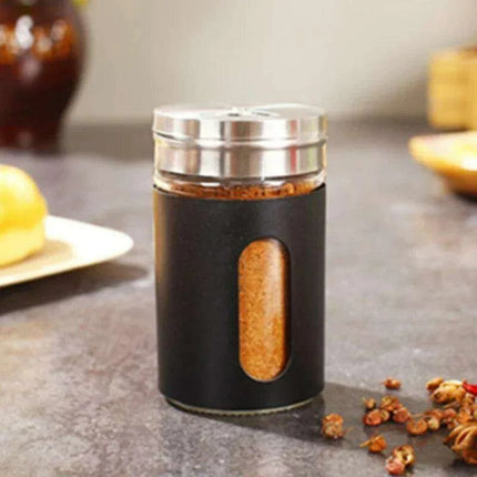 Stylish Rotating Glass Spice Dispenser Set with Stainless Steel Lids - Trio of Seasoning Jars- Très Elite- Très Elite