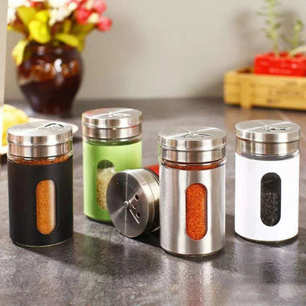 Stylish Rotating Glass Spice Dispenser Set with Stainless Steel Lids - Trio of Seasoning Jars - Très Elite