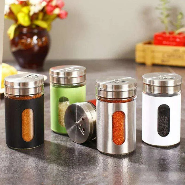 Stylish Rotating Glass Spice Dispenser Set with Stainless Steel Lids - Trio of Seasoning Jars