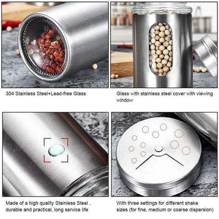 Stylish Rotating Glass Spice Dispenser Set with Stainless Steel Lids - Trio of Seasoning Jars - Très Elite