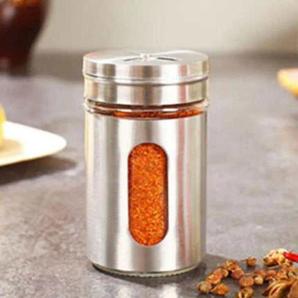 Stylish Rotating Glass Spice Dispenser Set with Stainless Steel Lids - Trio of Seasoning Jars- Très Elite- Très Elite