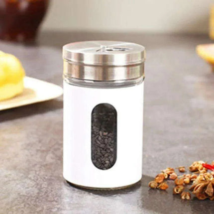Stylish Rotating Glass Spice Dispenser Set with Stainless Steel Lids - Trio of Seasoning Jars- Très Elite- Très Elite