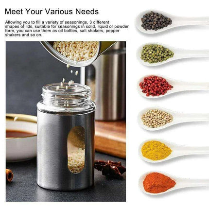 Stylish Rotating Glass Spice Dispenser Set with Stainless Steel Lids - Trio of Seasoning Jars - Très Elite