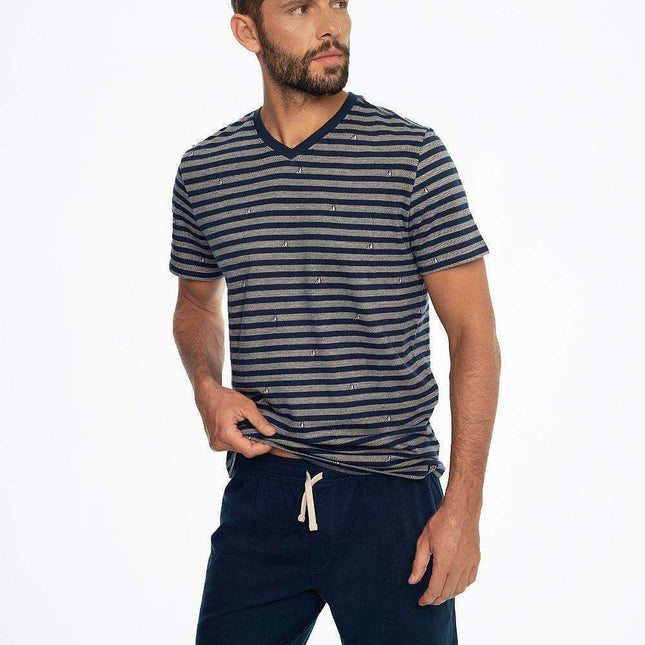 Stylish Short-Sleeved Striped Cotton Pajama Set for Men