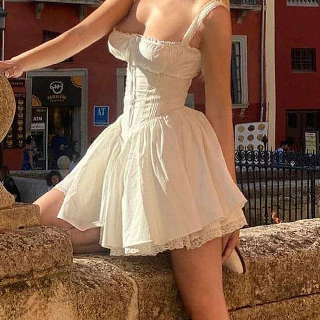 Stylish Vintage-Inspired White A-line Dress with Square Neckline - Sleeveless Summer Dress for Women, Ideal for Y2K Getaways