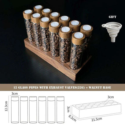 Stylish Walnut Base Coffee Bean Display Organizer with Elegant Glass Tubes- Très Elite- Très Elite