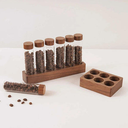 Stylish Walnut Base Coffee Bean Display Organizer with Elegant Glass Tubes - Très Elite