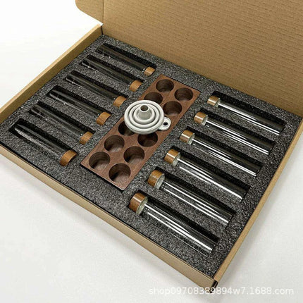 Stylish Walnut Base Coffee Bean Display Organizer with Elegant Glass Tubes - Très Elite