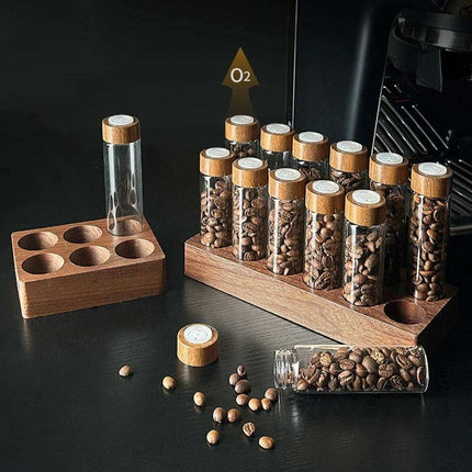 Stylish Walnut Base Coffee Bean Display Organizer with Elegant Glass Tubes - Très Elite