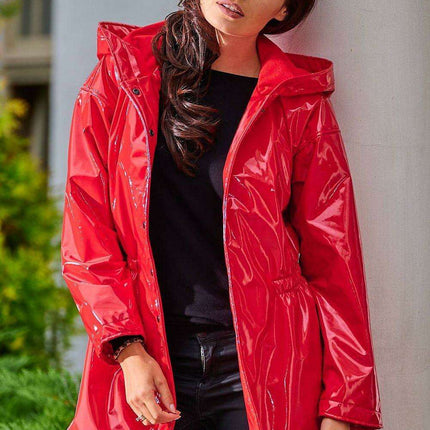 Stylish Waterproof Flared Vinyl Coat with Adjustable Waist - Black and Red - Très Elite