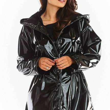 Stylish Waterproof Flared Vinyl Coat with Adjustable Waist - Black and Red - Très Elite