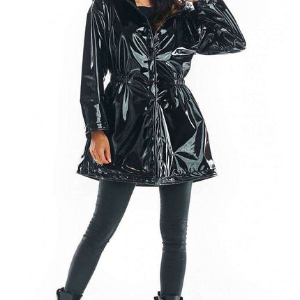 Stylish Waterproof Flared Vinyl Coat with Adjustable Waist - Black and Red - Très Elite