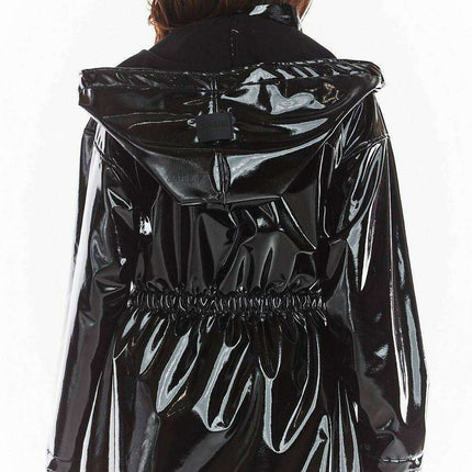 Stylish Waterproof Flared Vinyl Coat with Adjustable Waist - Black and Red - Très Elite
