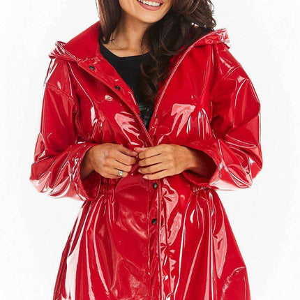 Stylish Waterproof Flared Vinyl Coat with Adjustable Waist - Black and Red - Très Elite