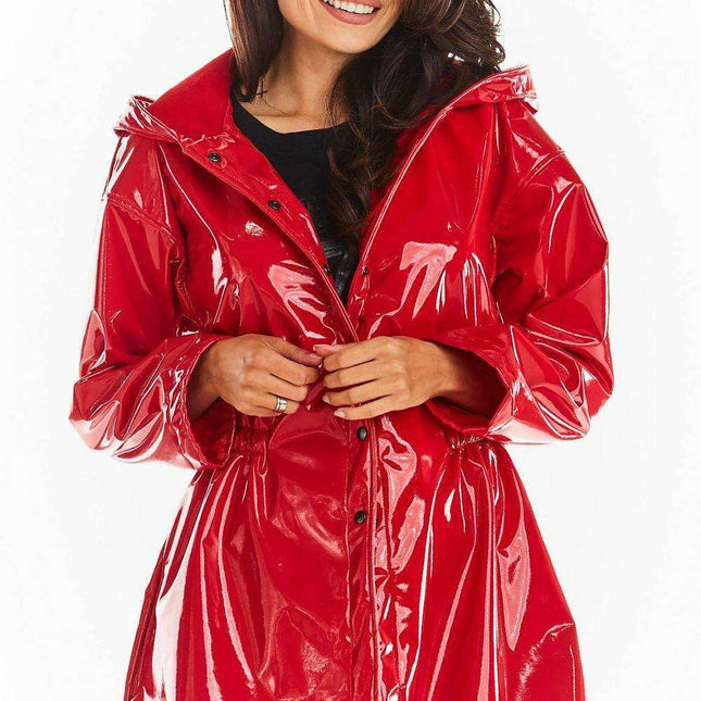 Stylish Waterproof Flared Vinyl Coat with Adjustable Waist - Black and Red