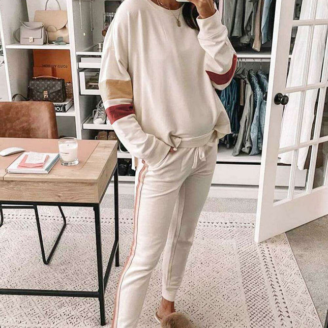 Stylish White Color Block Lounge Set with Luxurious Contrast Trim