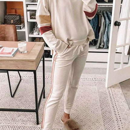 Stylish White Color Block Lounge Set with Luxurious Contrast Trim