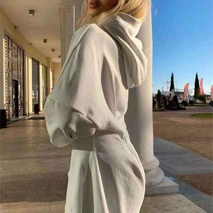 Stylish White Hooded Bodycon Mini Dress with Trendy Waist Tie for Spring - Très Elite