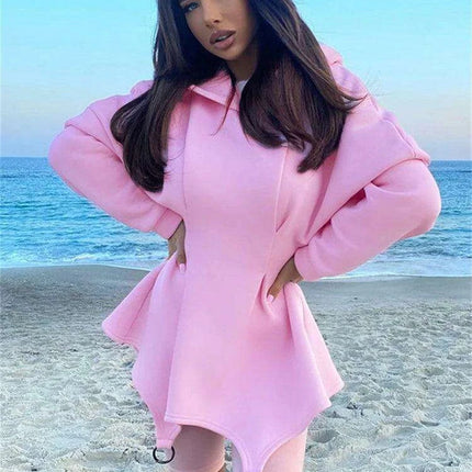 Stylish White Hooded Bodycon Mini Dress with Trendy Waist Tie for Spring - Très Elite
