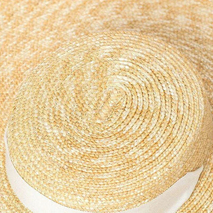 Stylish Wide Brim Straw Hat with Ribbon Tie for Women - 15cm Beach Cap in White and Black - Très Elite