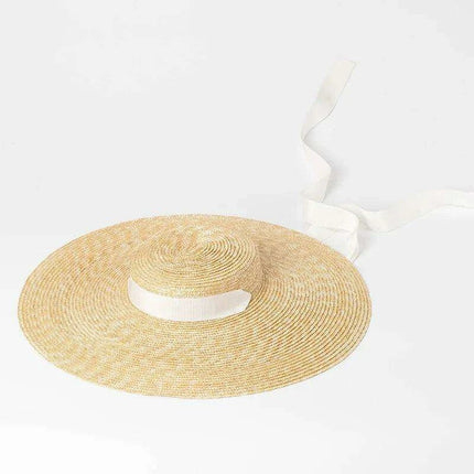 Stylish Wide Brim Straw Hat with Ribbon Tie for Women - 15cm Beach Cap in White and Black - Très Elite