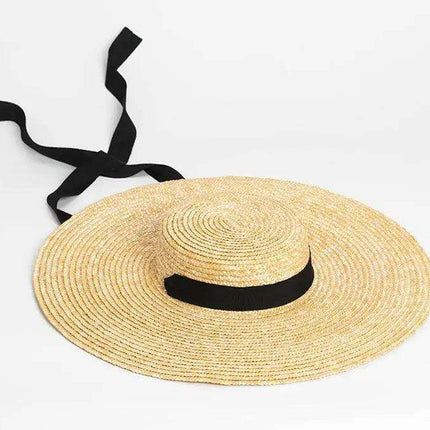 Stylish Wide Brim Straw Hat with Ribbon Tie for Women - 15cm Beach Cap in White and Black - Très Elite