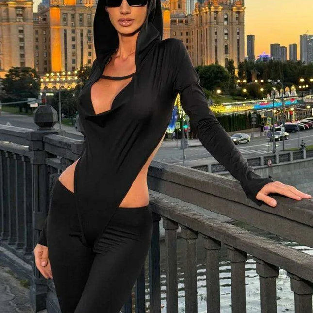 Stylish Women's Hooded Bodycon Jumpsuit with Cut-Out Accents for Autumn Fashion