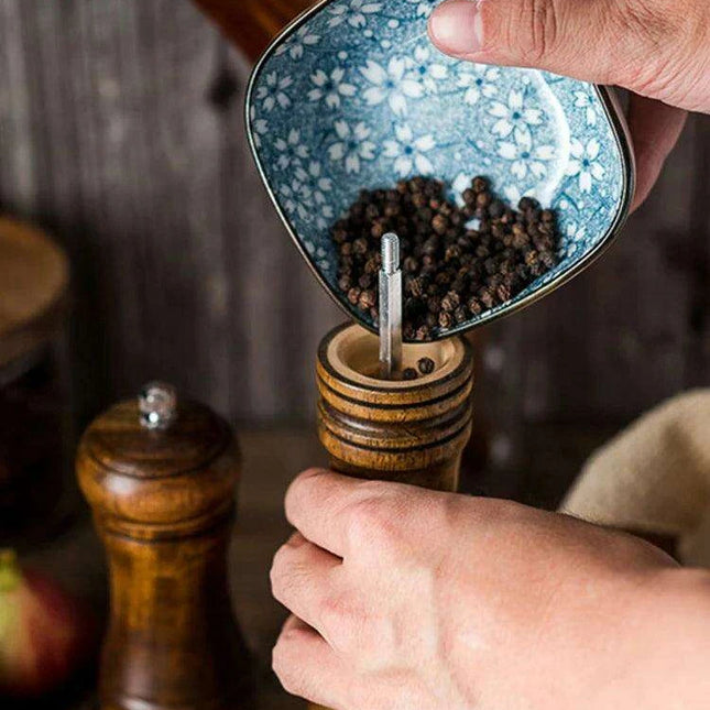 Stylish Wooden Salt and Pepper Grinder Set with Adjustable Ceramic Mechanisms and Elegant Stand