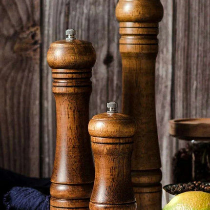 Stylish Wooden Salt and Pepper Grinder Set with Adjustable Ceramic Mechanisms and Elegant Stand - Très Elite
