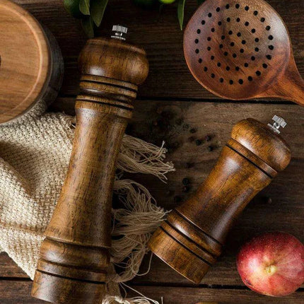 Stylish Wooden Salt and Pepper Grinder Set with Adjustable Ceramic Mechanisms and Elegant Stand - Très Elite