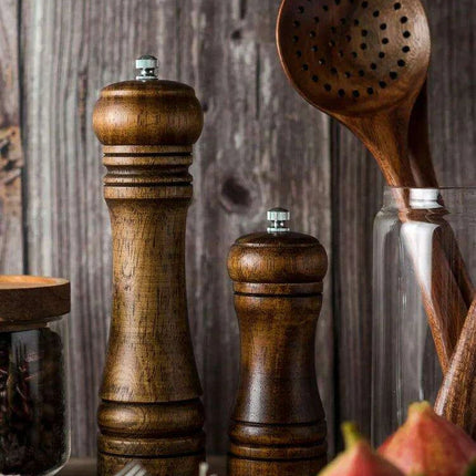 Stylish Wooden Salt and Pepper Grinder Set with Adjustable Ceramic Mechanisms and Elegant Stand - Très Elite